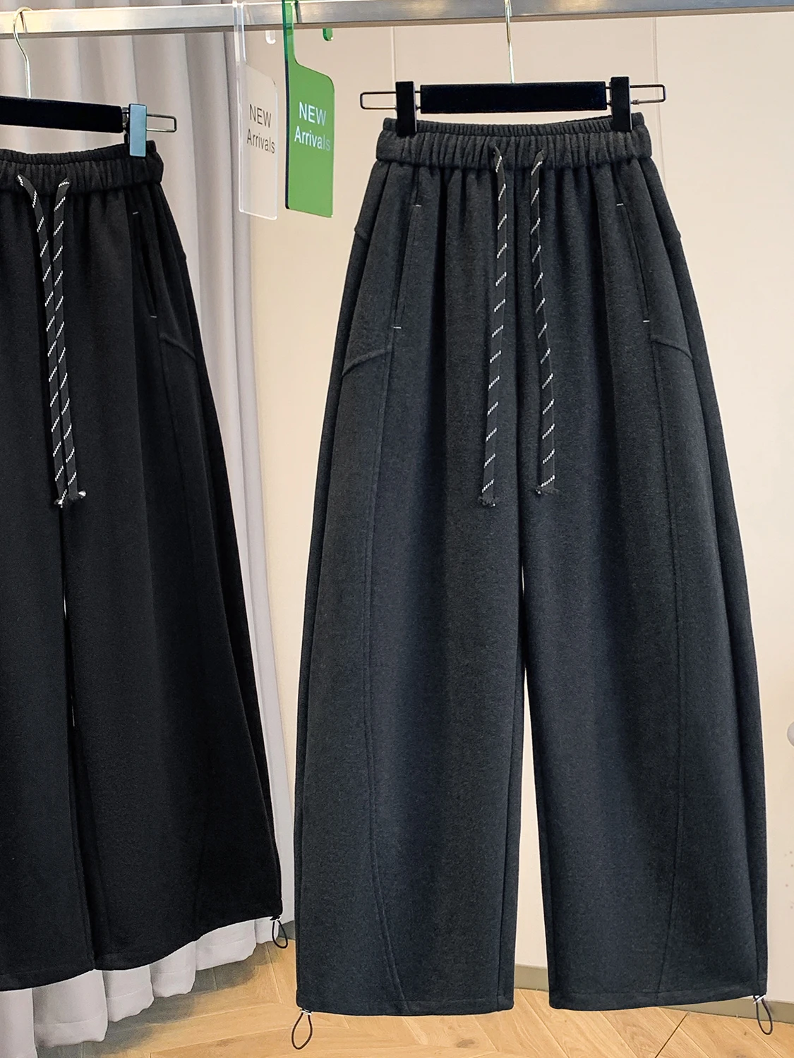 Spodnie z wysokim stanem, ocieplane, wełniane, z szerokimi nogawkami, codzienne, damskie, plus size, z ozdobnymi przeszyciami, jesienno-zimowe...