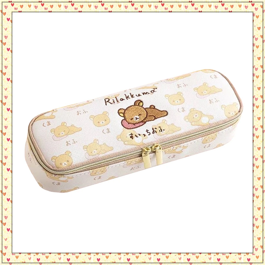 Rilakkuma Pencil Case Cartoon Bear Embroidered Leather Pencil Pouch Pen Bag Kawaii Cute School Pencil Cases for Kids Girls