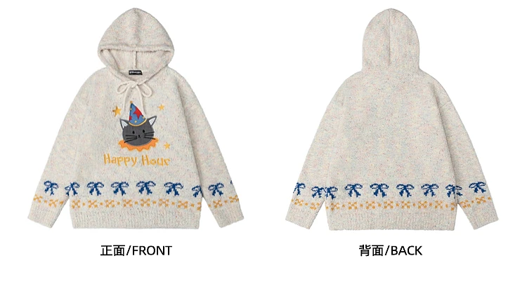 2025 outono inverno novo unisex bonito dos desenhos animados gato carta arco bordado preto damasco solto casual camisola com capuz