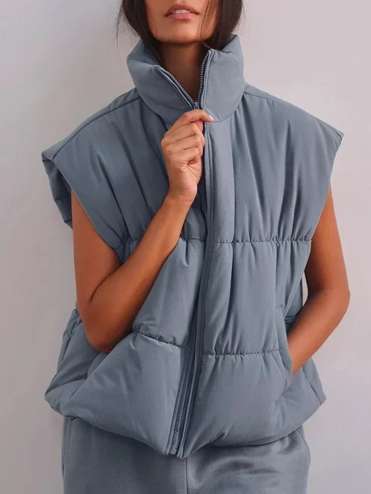 الوقوف طوق بلا أكمام المرأة سترة الشتاء الأسود الرباط الخصر Cinching صدرية المرأة فضفاضة رشاقته سترة دافئة للنساء #1