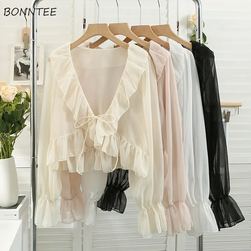 Blouses Women See-through Ruffles Design Lace-up All-match Princess Harajuku Chic Korean Fashion Daily Sweet Summer Gentle Y2k