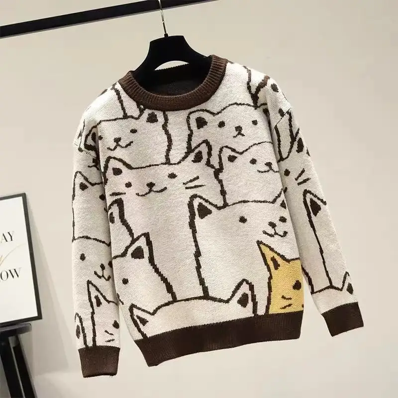 

Loose Long Sve Women's Knitted Sweater Cartoon Brand Tag round Ne Casual Faion Commute Sle Blend Fabric