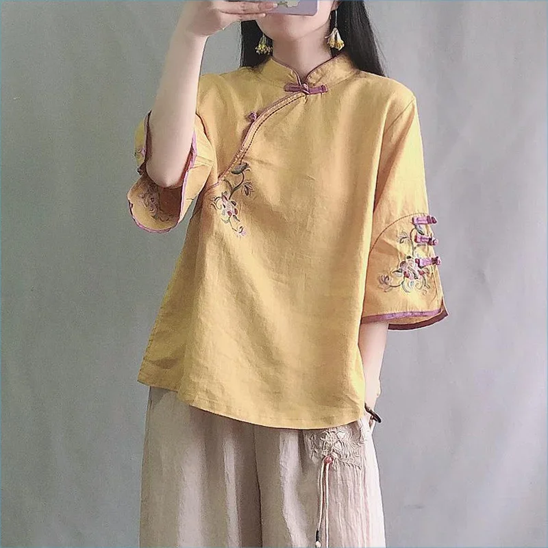 Multicolor Seven Quarter Ladies\' Cotton Linen Shirt Blouse Chinese Traditional Women\'s Formal Top Ttang Costume Hanfu E920