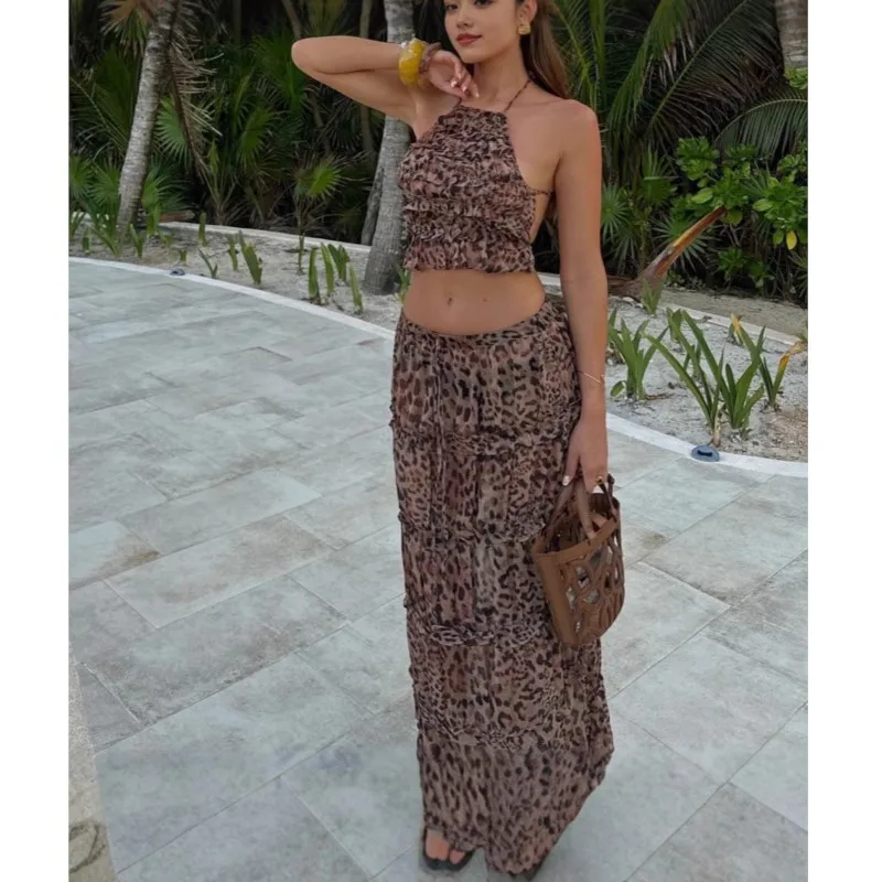 Leopard Print Women's Half Skirt Two-piece Set Summer Fashion Beach Vacation Sexy Hanging Neck Top+A-line Skirts Suit For Ladies