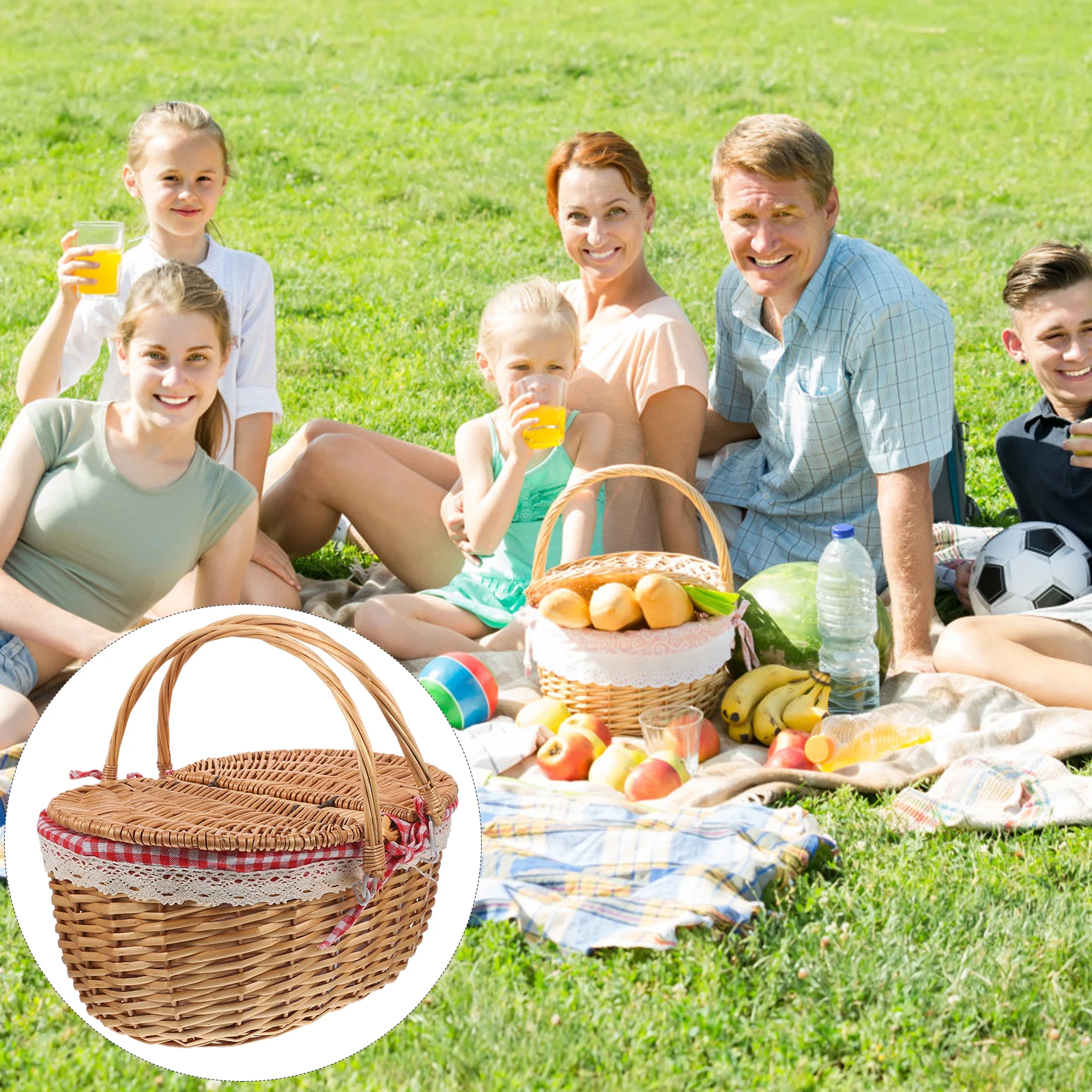 

Rattan Picnic Basket Wicker Hamper with Lid Red Checkered 35x25x17cm Portable Storage Woven Baskets for Home Gifts Outdoor