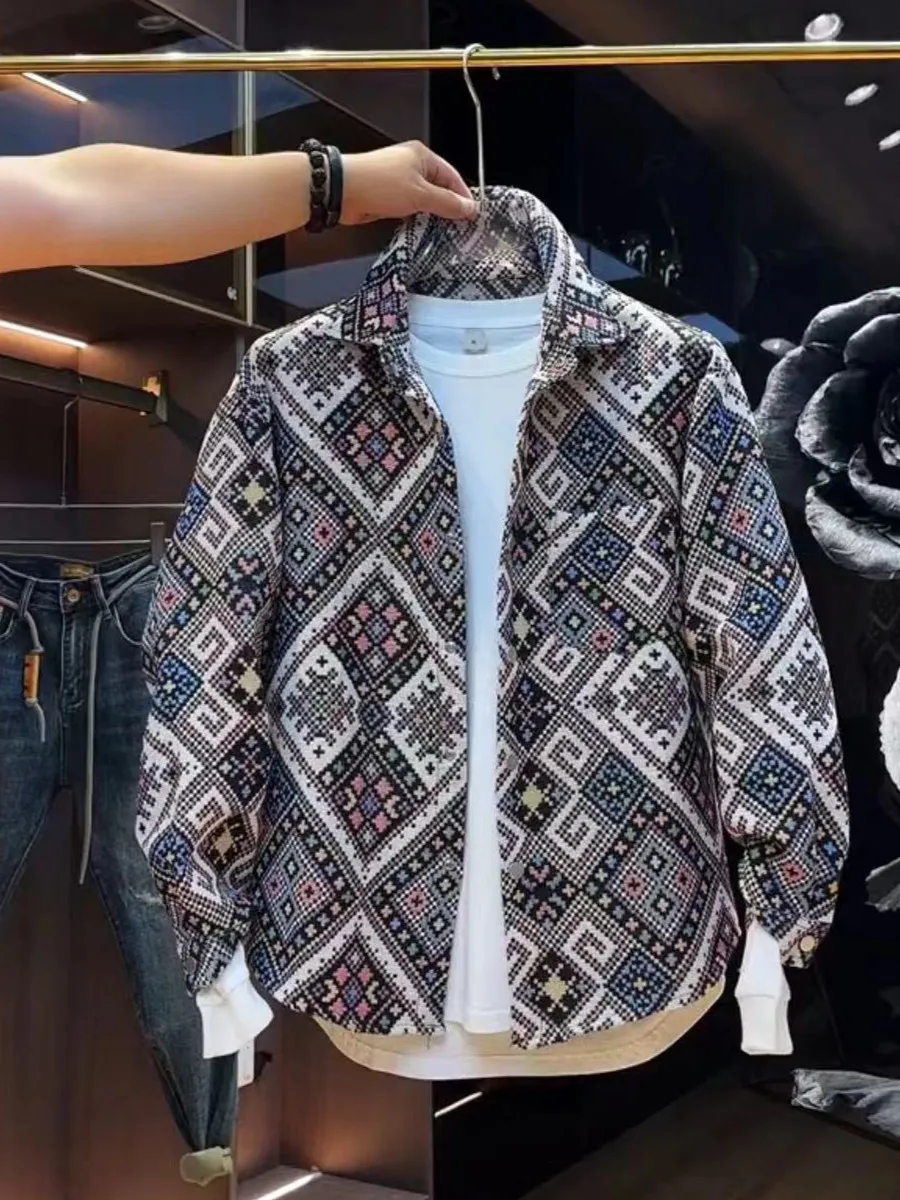 

Осень-зима, мужская свободная хлопковая фланелевая одежда с ромбовидным узором и вышивкой, Thiened Long Sve, повседневная модная верхняя одежда