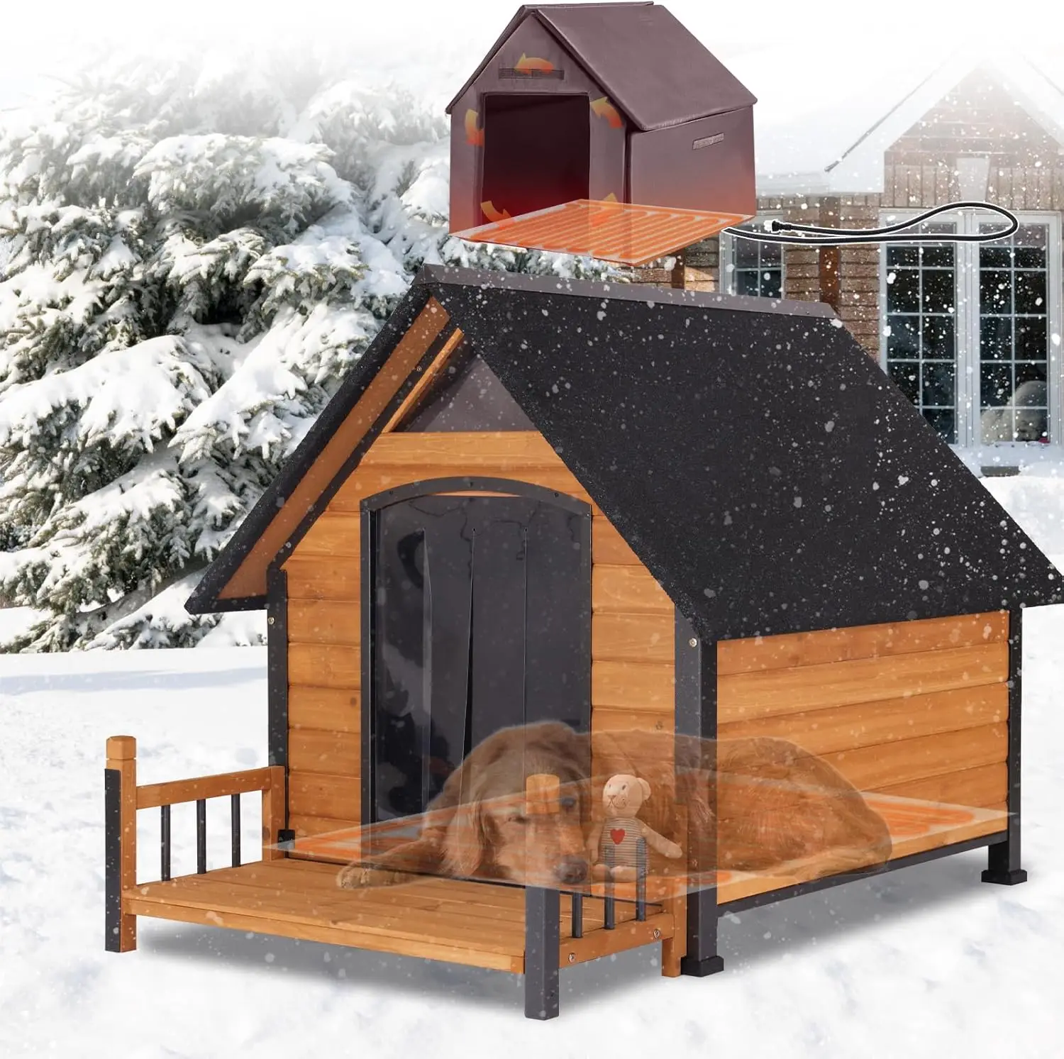

Insulated Dog House with Heating Pad, Weatherproof Outdoor Kennel for Large Dogs, Chew-Resistant Iron Frame & Asphalt