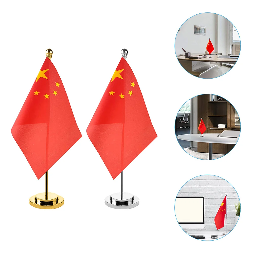 

2 set Miniature Chinese Table Flag Desktop Decoration Polyester Flag Metal Base For Office Home School Conference