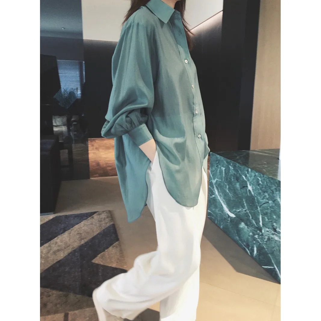 

Autumn 2025 Women's Sun Protection Long Sve Polyester Blend irt Loose Fit Collar Regular Thin Pure Color