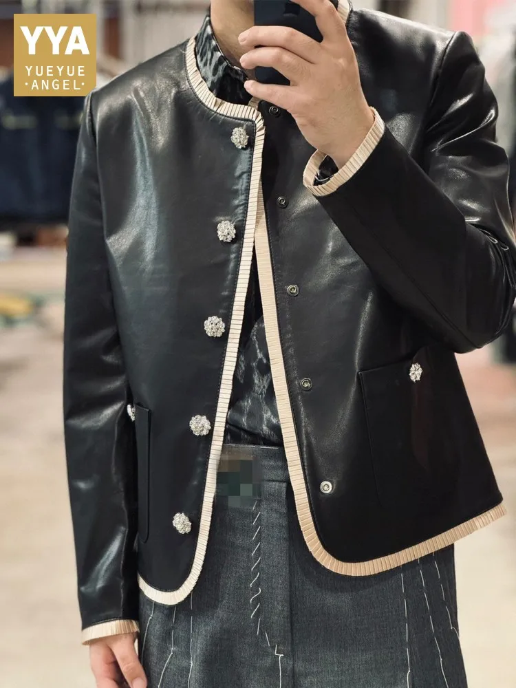 High Quality Designer Elegant Genuine Leather Jacket Men Single Breasted O Neck Patchwork Fashion Natural Sheepskin Short Coat