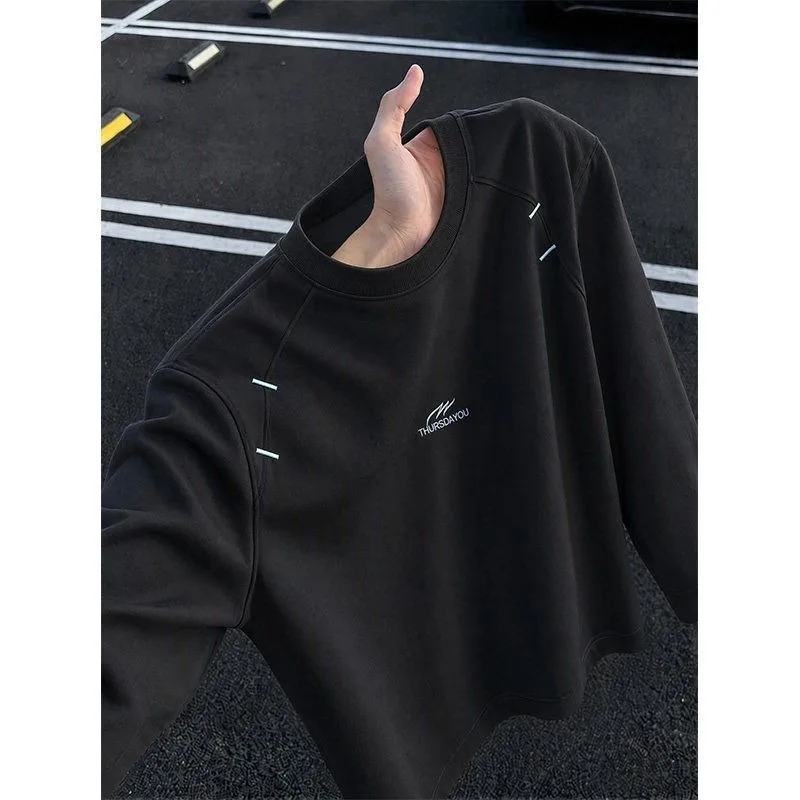 Men Embroidered Long-sleeved Sweatshirts Merican Style Round Neck Straight-shoulder Pullover Loose Trend Splicing Sweatshirt
