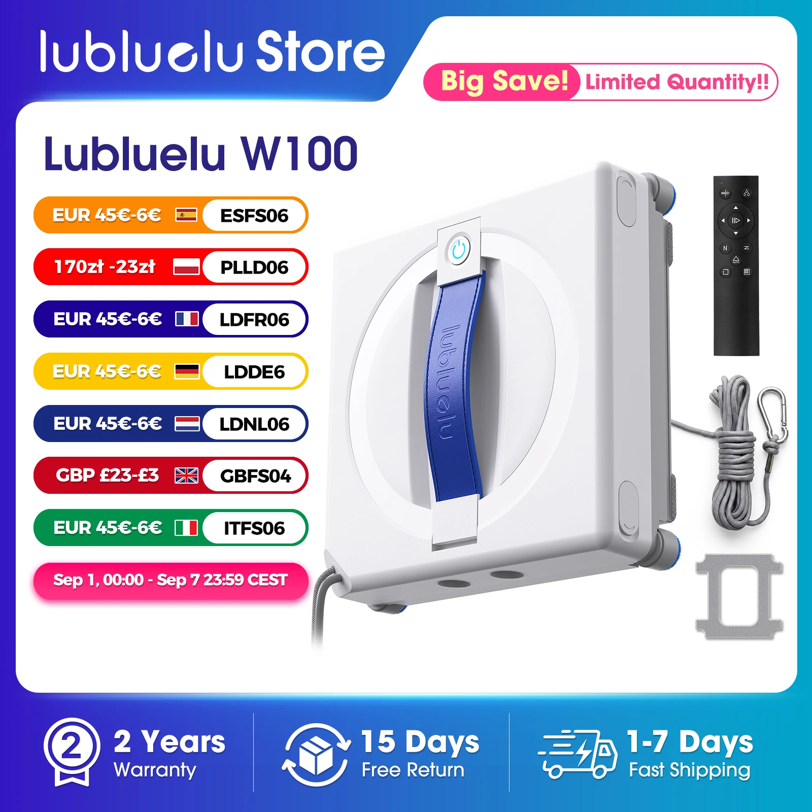 Roboter-Fensterreiniger Lubluelu W100, Doppelte Wassersprühfunktion, Intelligenter Speicher, Lasersensor, 7000Pa Vakuumsaugkraft, KI-Intelligente Wischfunktion, Haushalts-Glasreinigungsroboter
