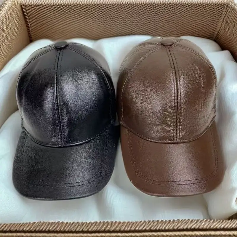 Top Grain Cowhide Leather Baseball Cap for Men, Mature & Elder Gentlemen Classic Peak Hat, Spring Autumn Winter