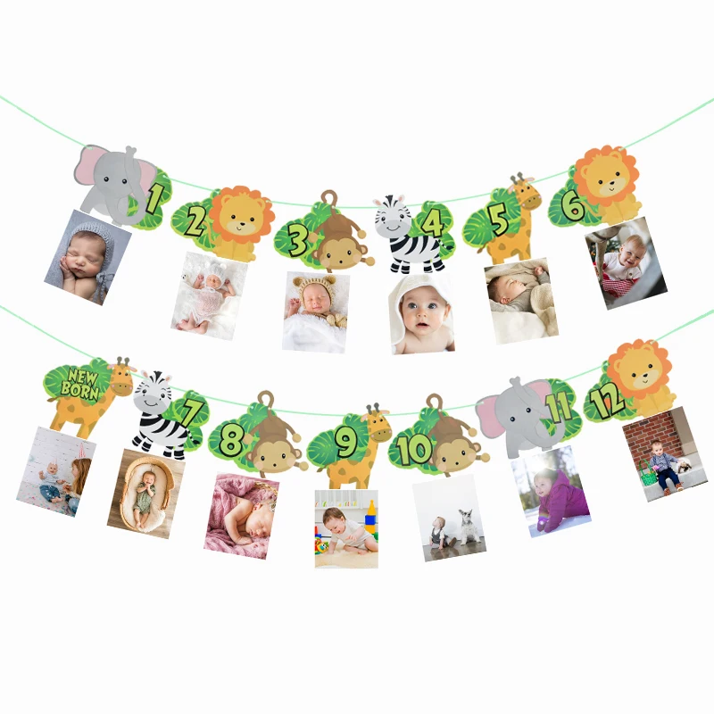 

Jungle Animal 12 Months Photo Banner Bunting Flags Safari Wild One Year Birthday party Hanging Decoration Baby Shower Supplies