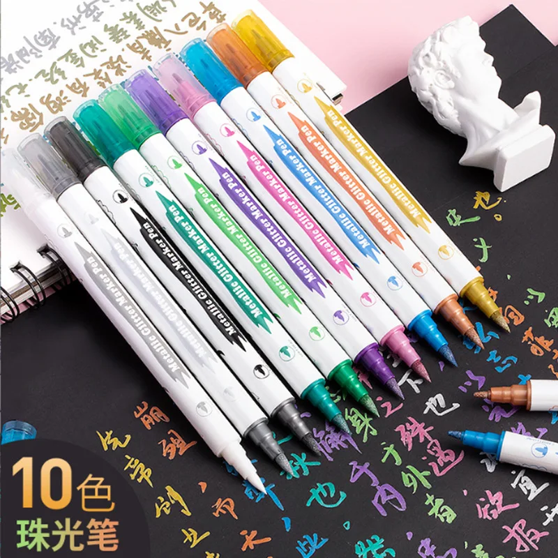 10 colori Dual Metallic Brush Pen Set pennarello disegno Kawaii Scrapbook Colroing per penne per pittura su vetro materiale scolastico