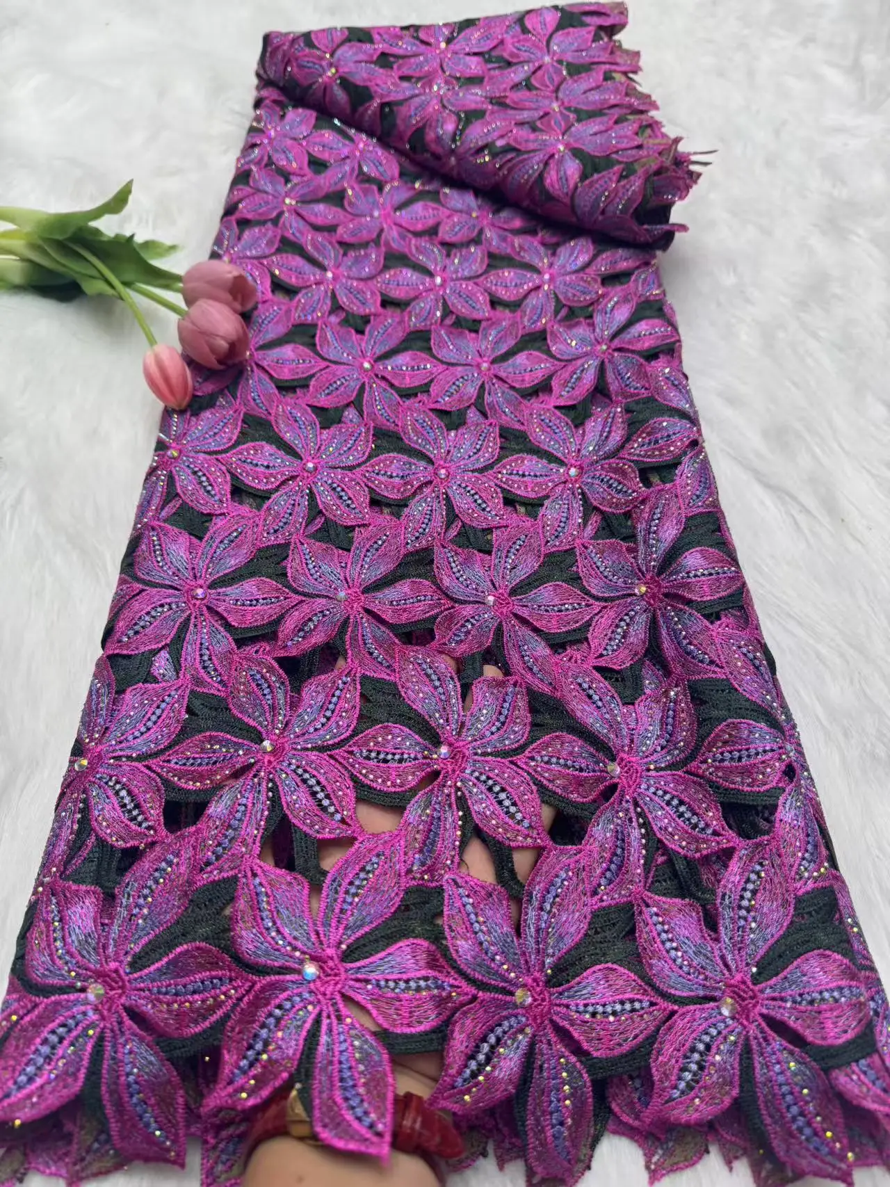 Guipure lace fabric 2026 Nigerian Stones Lace Fabric Heavy Hand Beaded Luxury French Embroidery for Wedding Latest Style