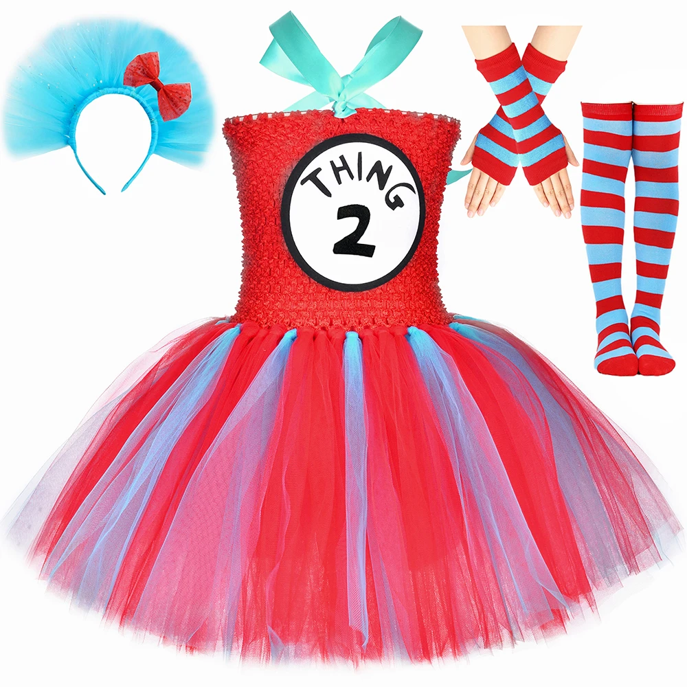 Thing 1 and Thing 2 Costumes Kids Blue Red Dr Seuss Tutu Dress Up Clothes Toddler Girls Halloween Birthday Party Princess Dress