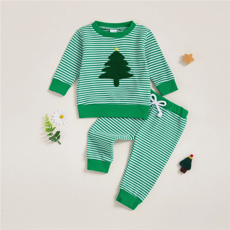 Toddler Baby Boys Christmas 2Pcs Clothing Sets Long Sleeve O Neck Christmas Tree Embroidery Sweatshirt Striped Pants Sets