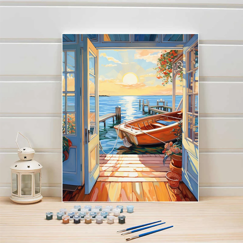 AZQSD Picture Oil Painting By Numbers Seaside Landscape 40x50cm Diy HandPainted Acrylic Coloring On Canvas Scenery Home Decor