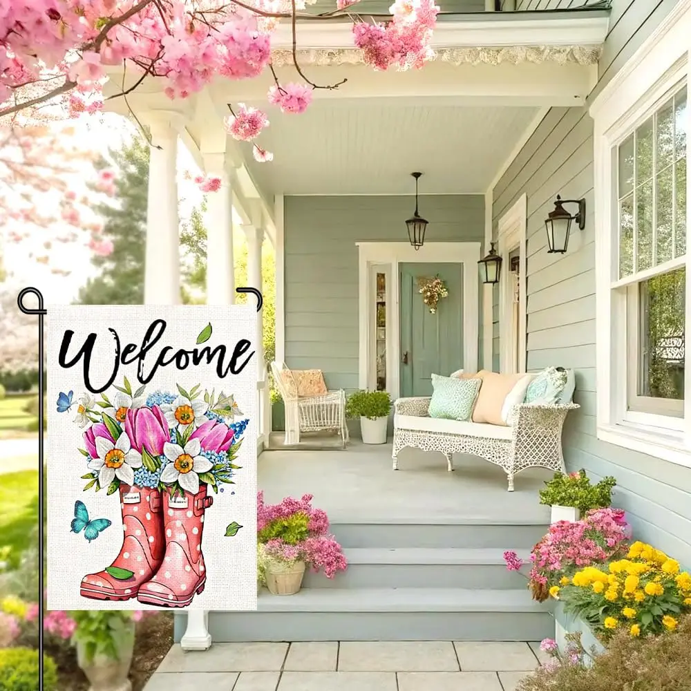 Spring Welcome Garden Flag 12x18, Floral Rain Boots Yard Decor, Double Sided Burlap Outdoor Spring Garden Sign for Porch Law GGO
