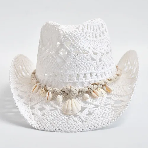 Imagen 2 del producto Sombrero de paja tejido a mano de verano para mujer decoración de concha vacaciones playa sombrero para el sol Chapeu Panamá femenino