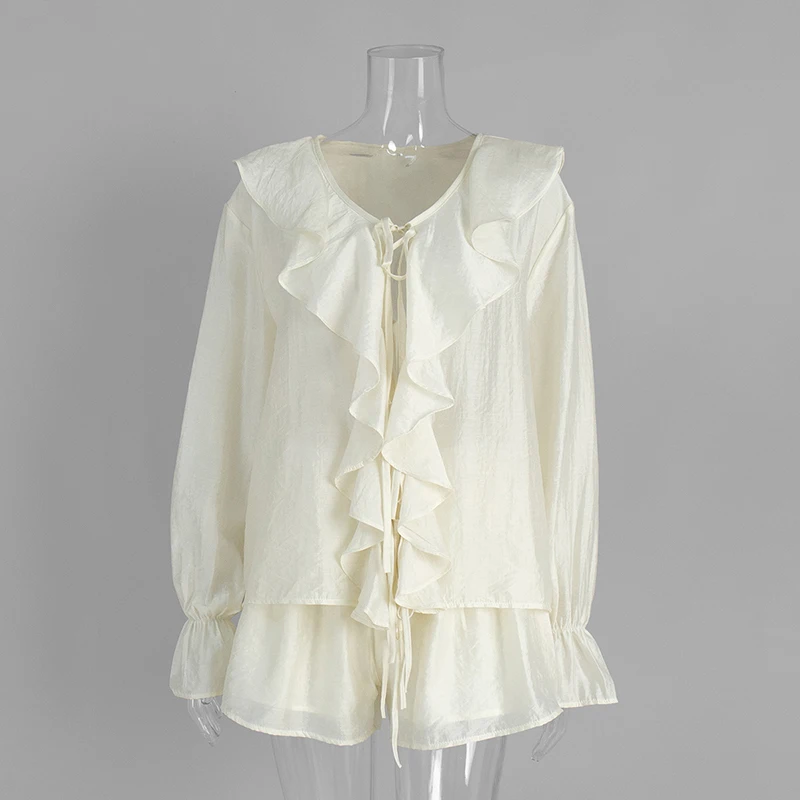 Tornova Ruffled Shirt Shorts Suit For Women Lace Up V neck Casual Top Loose Shorts High Waist Fashion Office Lady Party Clothes
