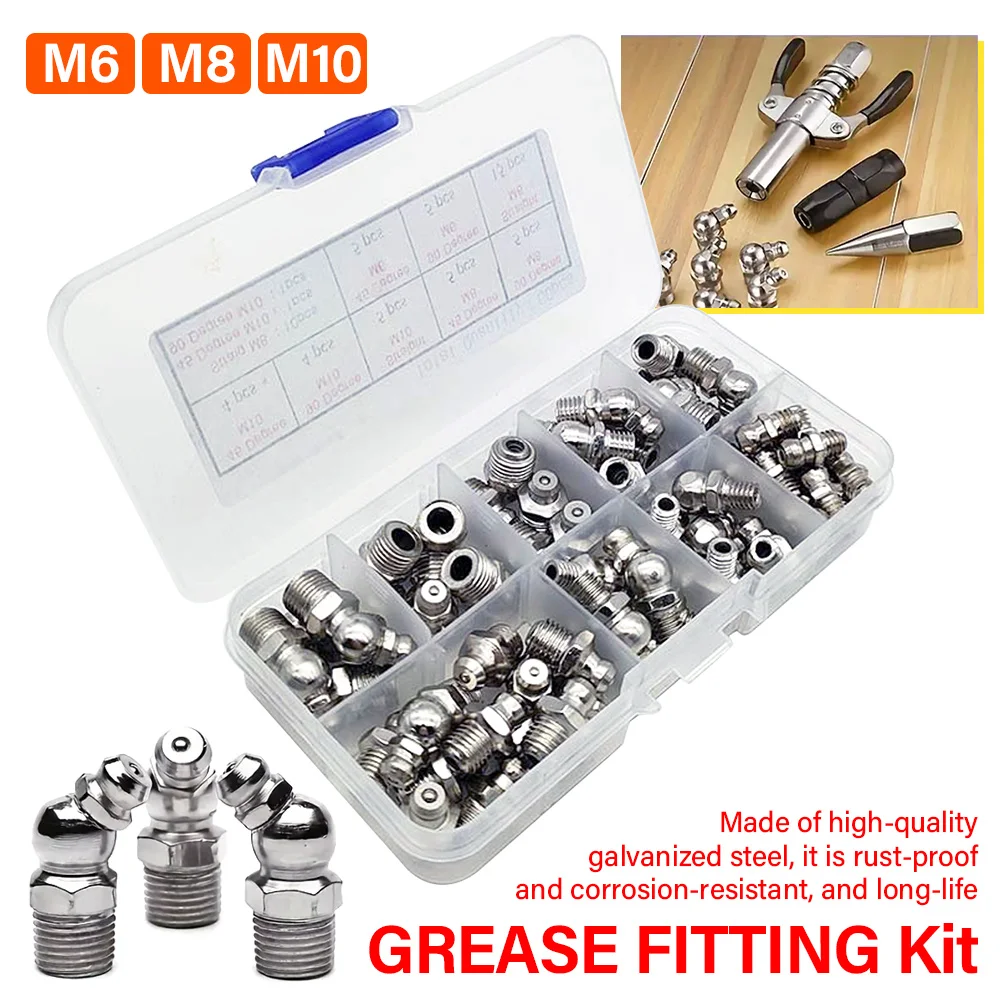 60Pcs Grease Fitting Kit M6 M8 M10 Grease Gun Coupler Steel Connector Nickel Plated Nozzle Straight Curved Grease Fitting Nipple