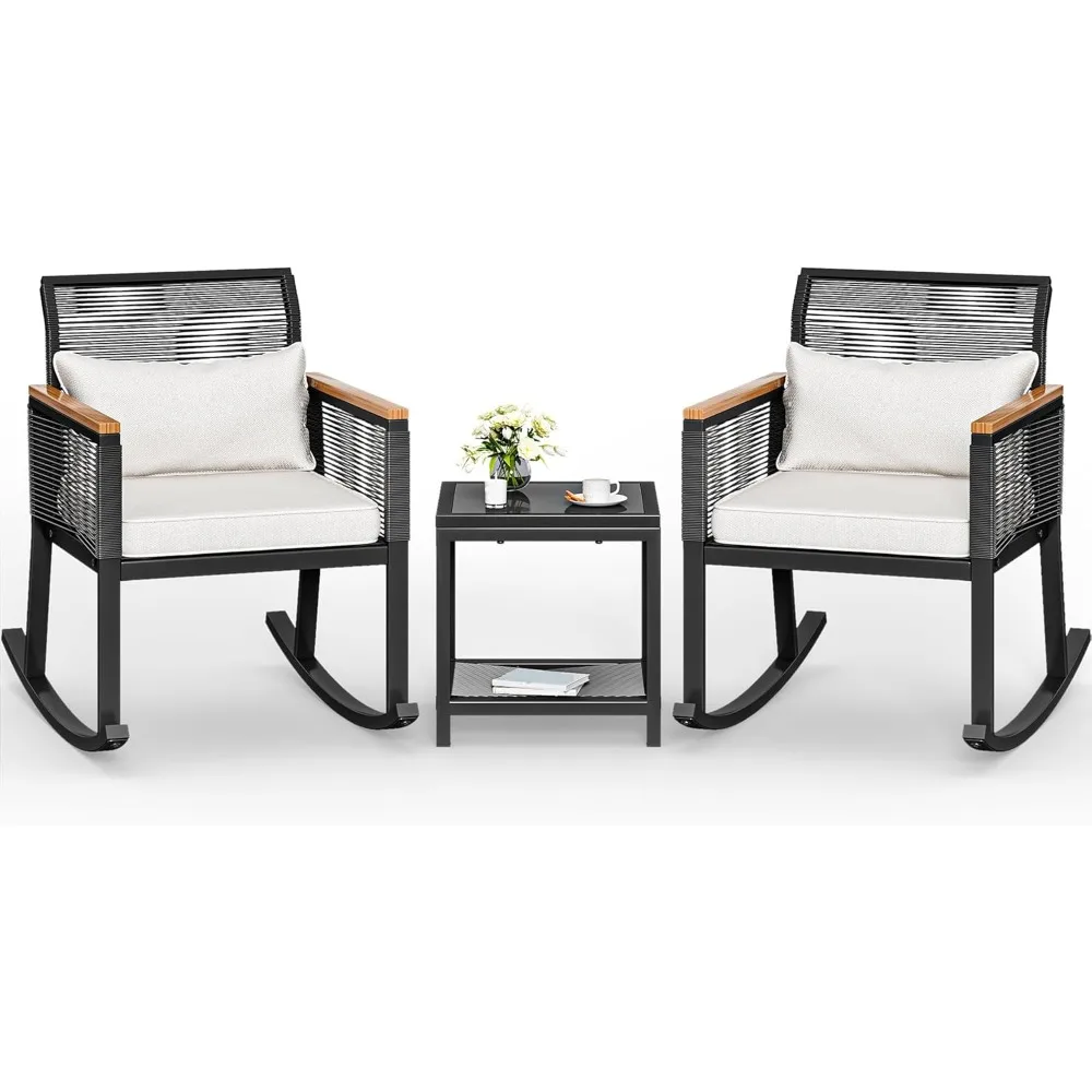 

3-Piece Patio Wicker Rocking Chair Outdoor Conversation Bistro Set with Wood Armrest and Soft Cushions ,Garden Furniture Sets
