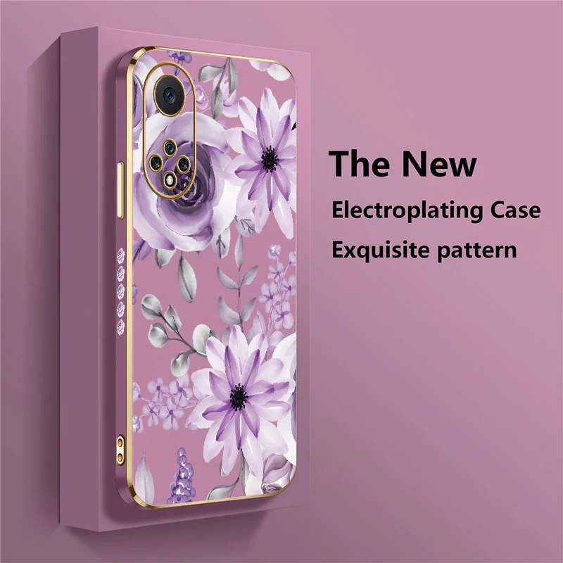 Custodia per telefono in silicone con protezione dell'obiettivo per Huawei Nova Y70 Plus 9 7i 5T 5i 8i 7 6 SE 3i 4e placcatura antiurto con stampa floreale
