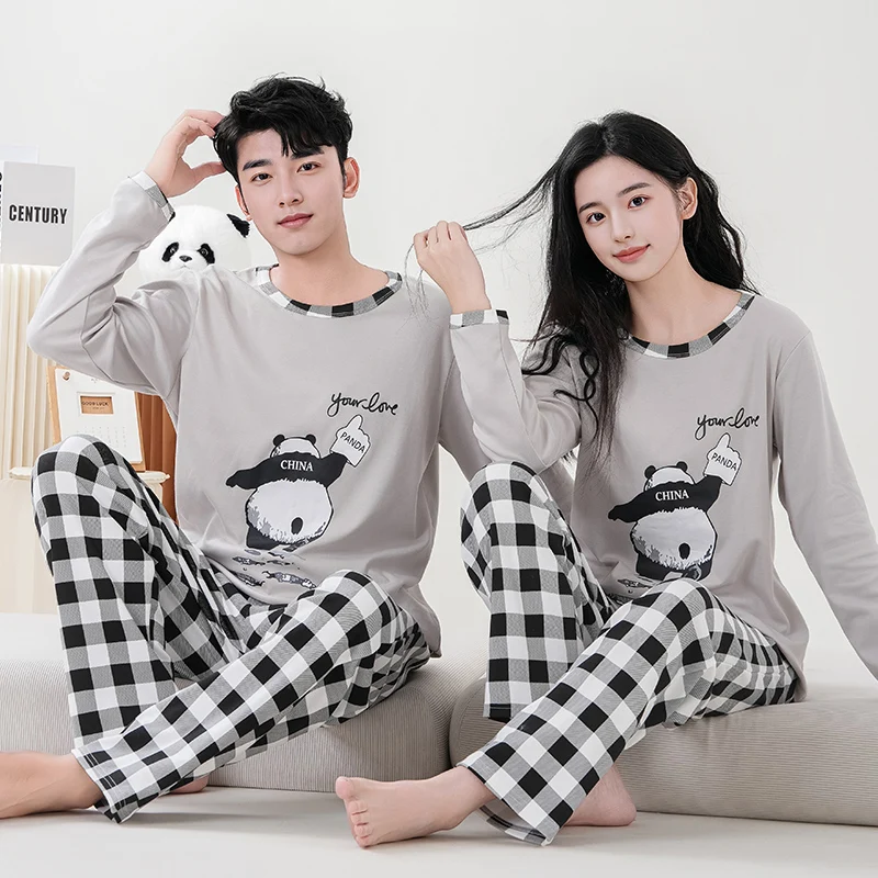 Pajamas For Couples Spring Autumn Animal Panda Comfortable Lady\'s Long Sleeve Cotton Leisure Home Clothes And Nightwear Suit 4XL