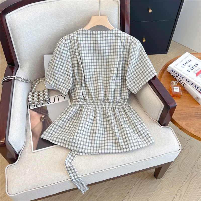 Chic Plaid Shirt Women Summer Harajuku Fashion V Neck Short Sleeve Top Korean Sweet Slim All Match Female Casual Blouse New