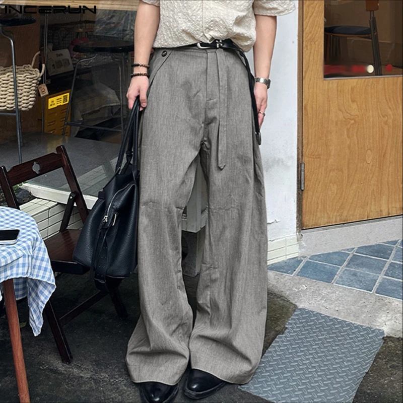 INCERUN 남성 바지 솔리드 컬러 루즈 버튼 조거 캐주얼 스트레이트 바지 남성 스트리트웨어 2025 패션 남성 롱 팬츠 S-5XL