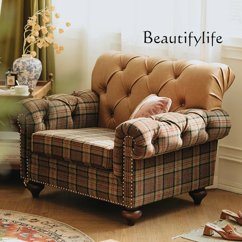 Tt Fabric Sofa Small Apartment French Living Room Retro British Ecological Leather Sofa Double Light Luxury