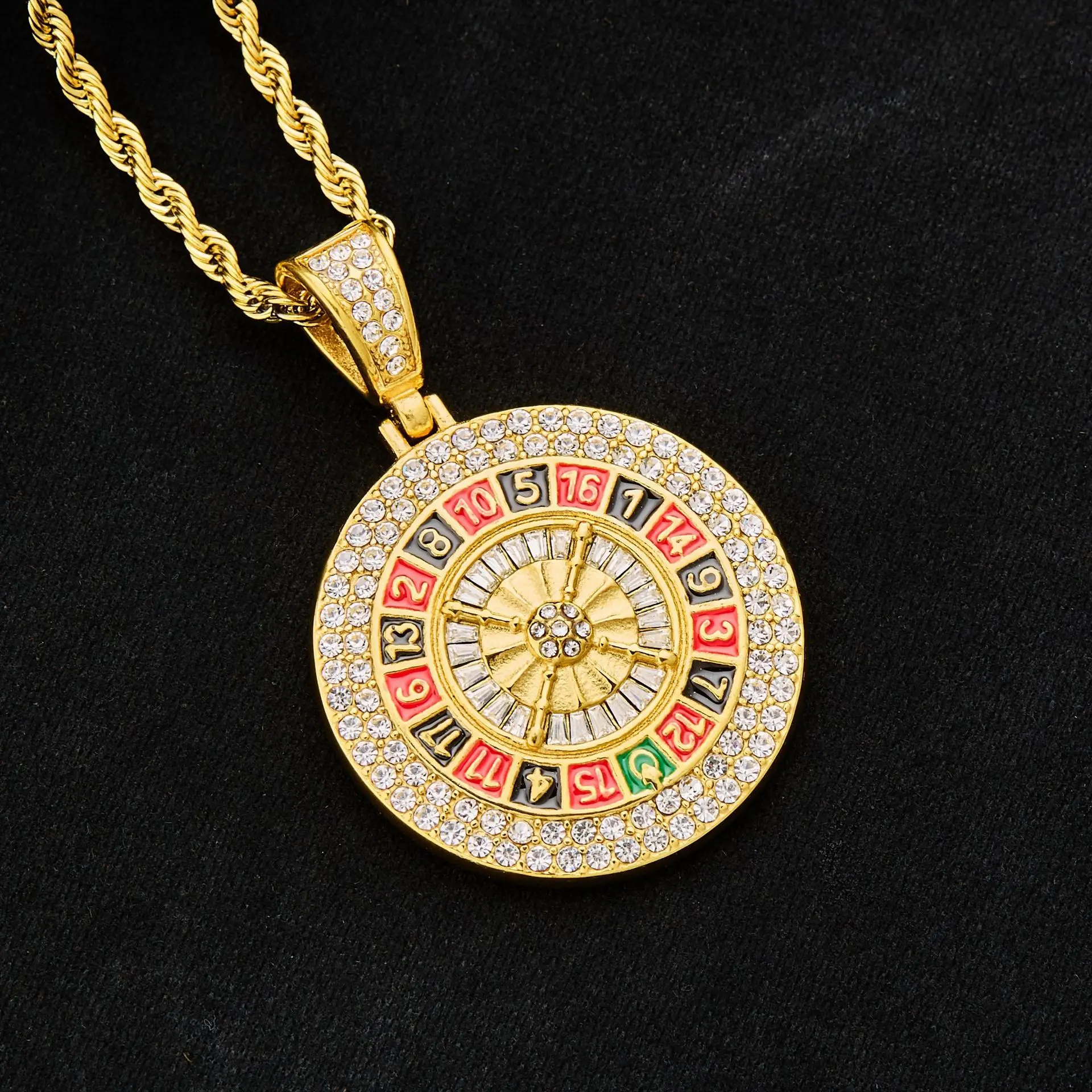 1pc digital turntable Gold color 316L Stainless steel with full rhinestone Big Pendant Chain Necklace For Women Hiphop Jewelry