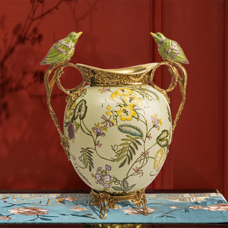 ZH Modern Simple Pastoral Peacock Bird White Ice Crack Ceramic Flower Vase Decorative Ornament