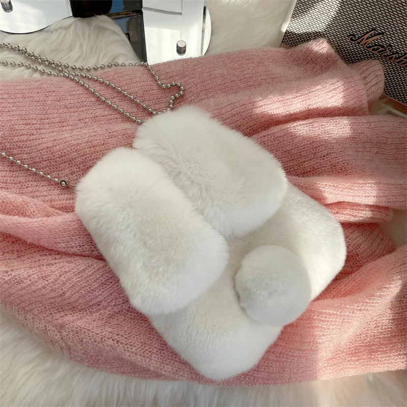 Women's Bag Rex Rabbit Fur Shoulder Bag Winter Cute Rabbit Ears Fluffy Crossbody Bag Magnetic Closure Luxury Designer Handbag