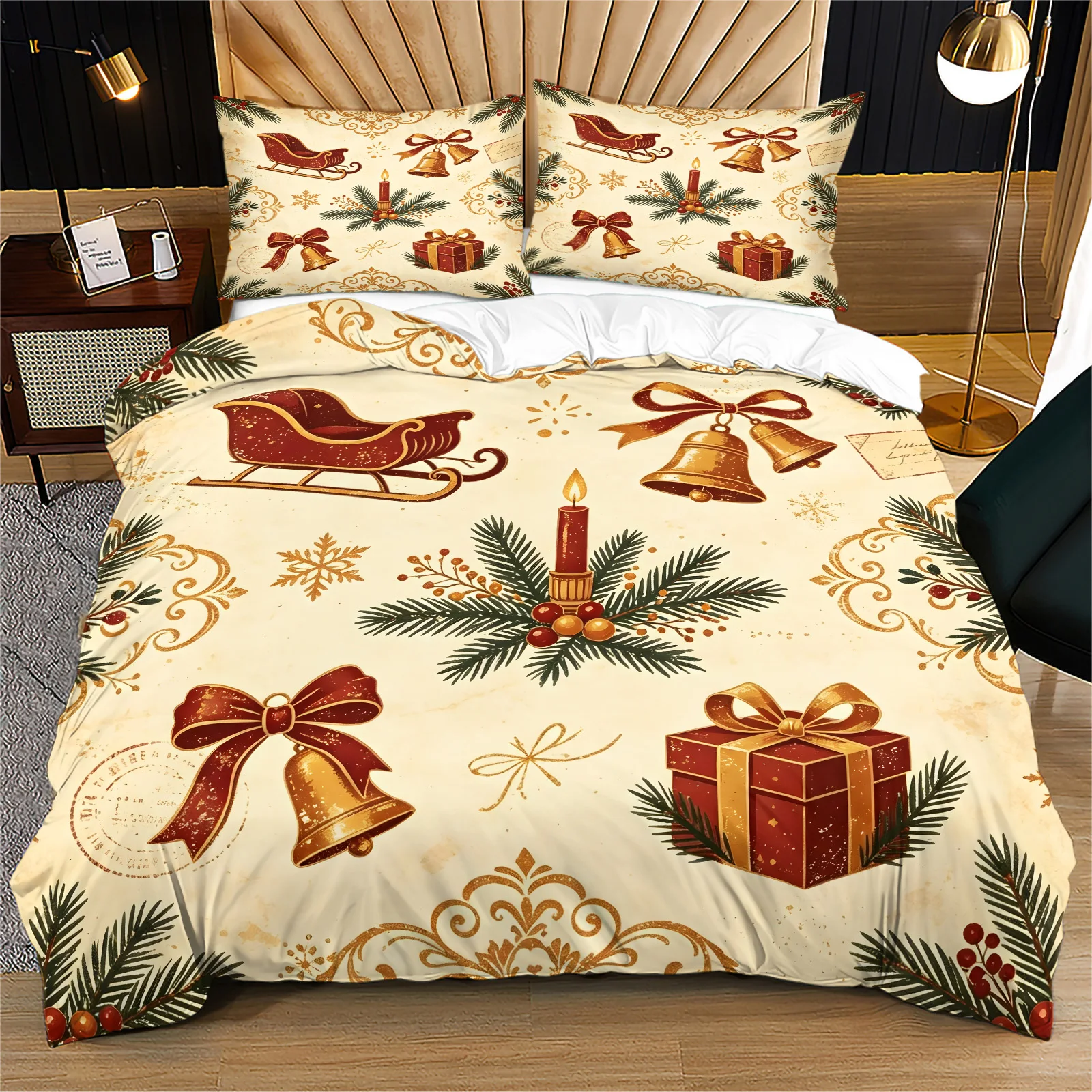 Vintage Christmas Sleigh & Bell Duvet Cover Set Retro Xmas Gift Pine Branch Bedding Holiday Bedroom Decor Festive Quilt Cover