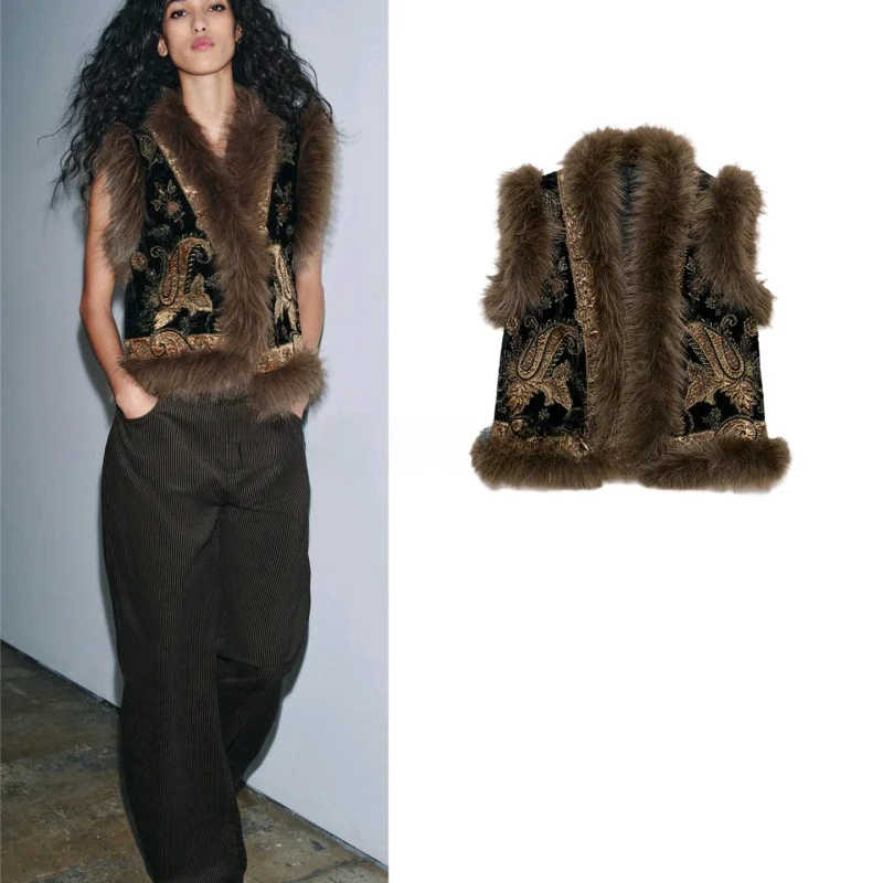 

Spring Women's V-ne Svel Faux Fur Effect Beaded Embroidery Vest Polyester Fabric ort Length Floral Patterned