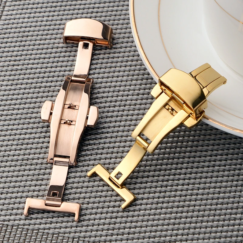 Replace Original High Quality Stainless Steel Butterfly Press Buckle Stainless Steel Leather Strap 12 14 18 20 22mm Accessories