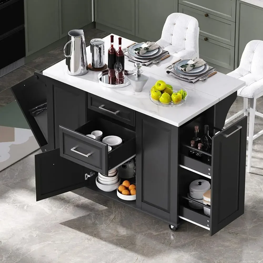 50.7 Mobile Kitchen Island with Trash Bin Storage, Drop Leaf and 2 Drawers in Black