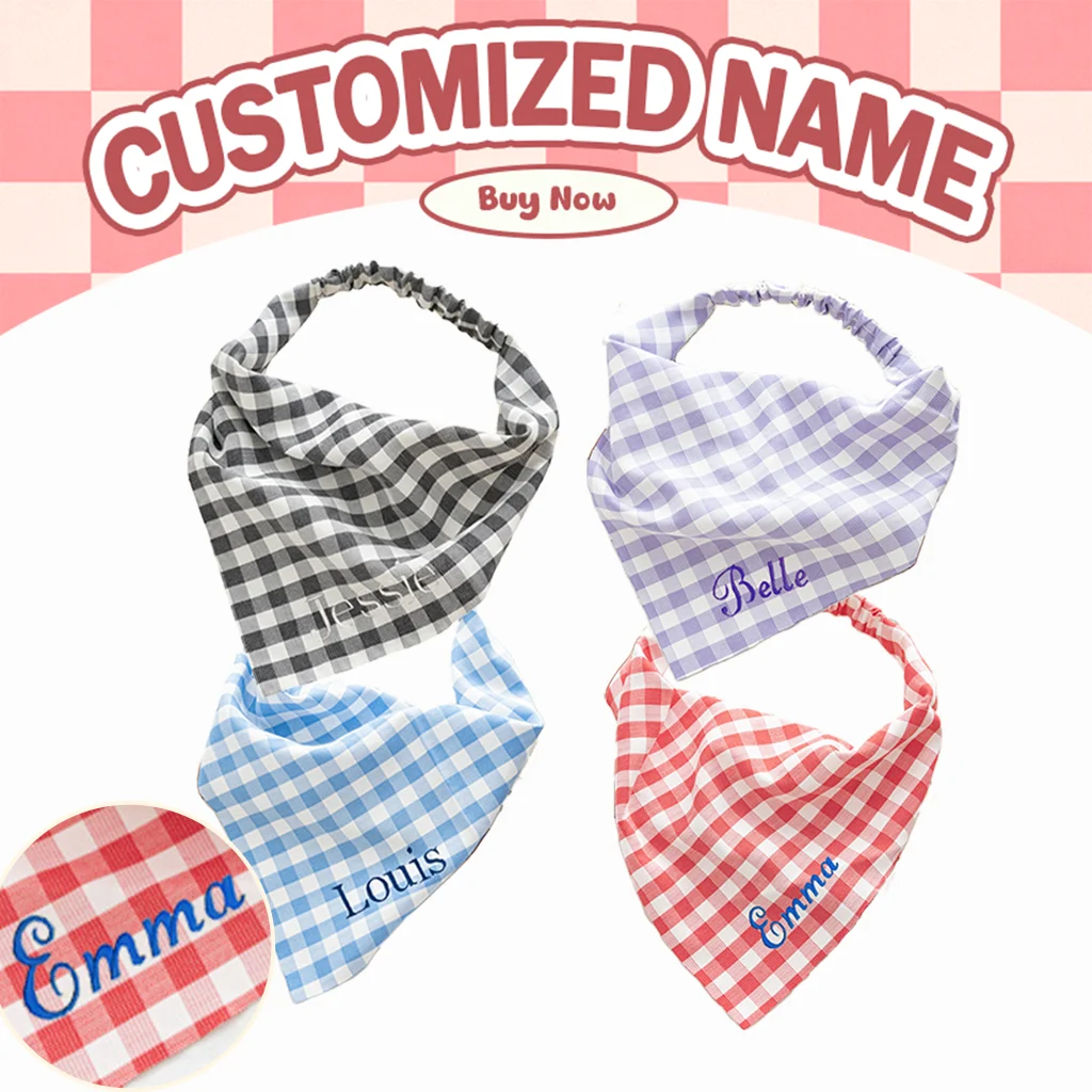 

Personalized Embroidered Dog Bandanas Plaid Cotton Bandanas Puppy Triangular Bibs for Pet Birthday Kerchief