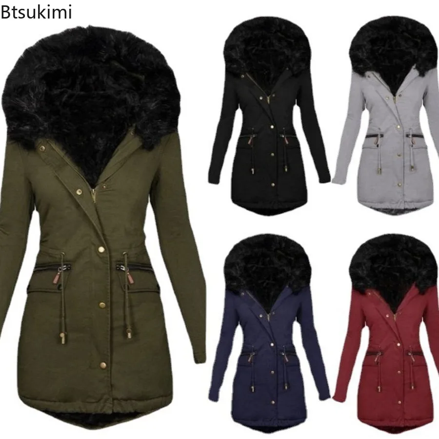 

Women's Autumn Winter Thicken Solid Faux Fur Collar Hooded Parka Coat Mid Length Windproof Warm Zipper Slim Cotton Jackets Women