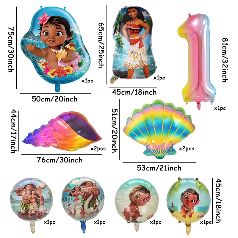 11pcs/set Ocean Adventure Moana Cartoon Balloons Set Baby Shower First Birthday Party Decoration Supplies Shell Conch Globos