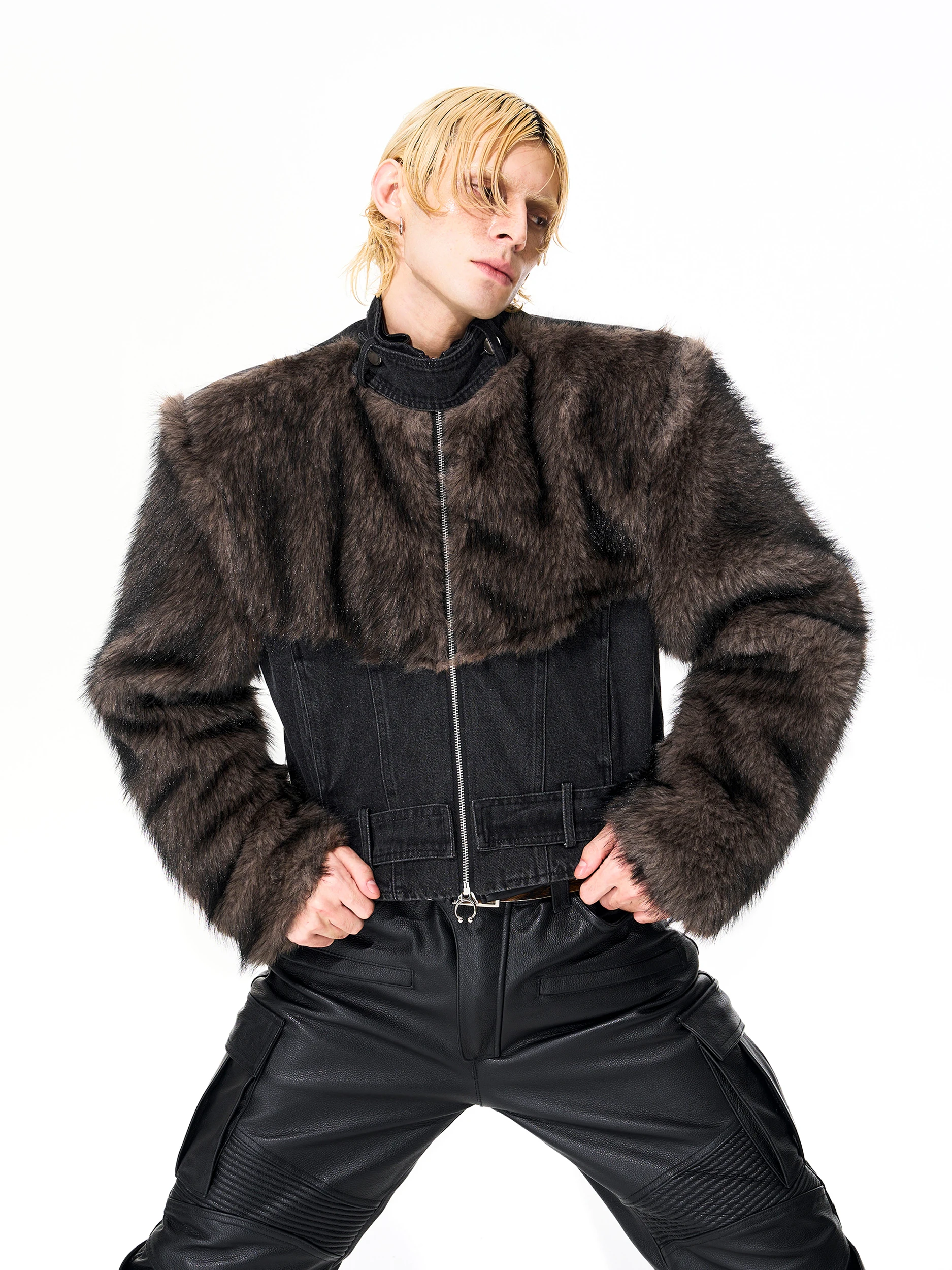 남성용 2025 겨울 신상 패션 인조 퍼 데님 재킷 남성용 인조 퍼 스플라이싱 데님 코트 남성성 긴 소매 데님 재킷