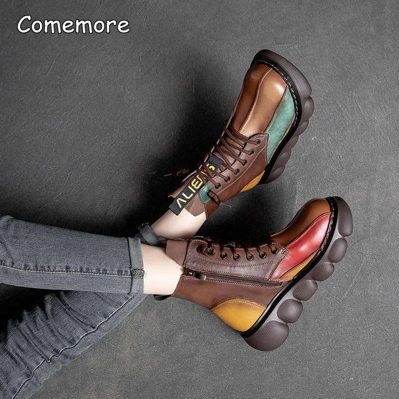 Comemore Women\'s Boots Fashion Chelsea Boot Vintage Short Leather Ankle Boots Autumn Winter 2022 New Leather Patchwork Platform