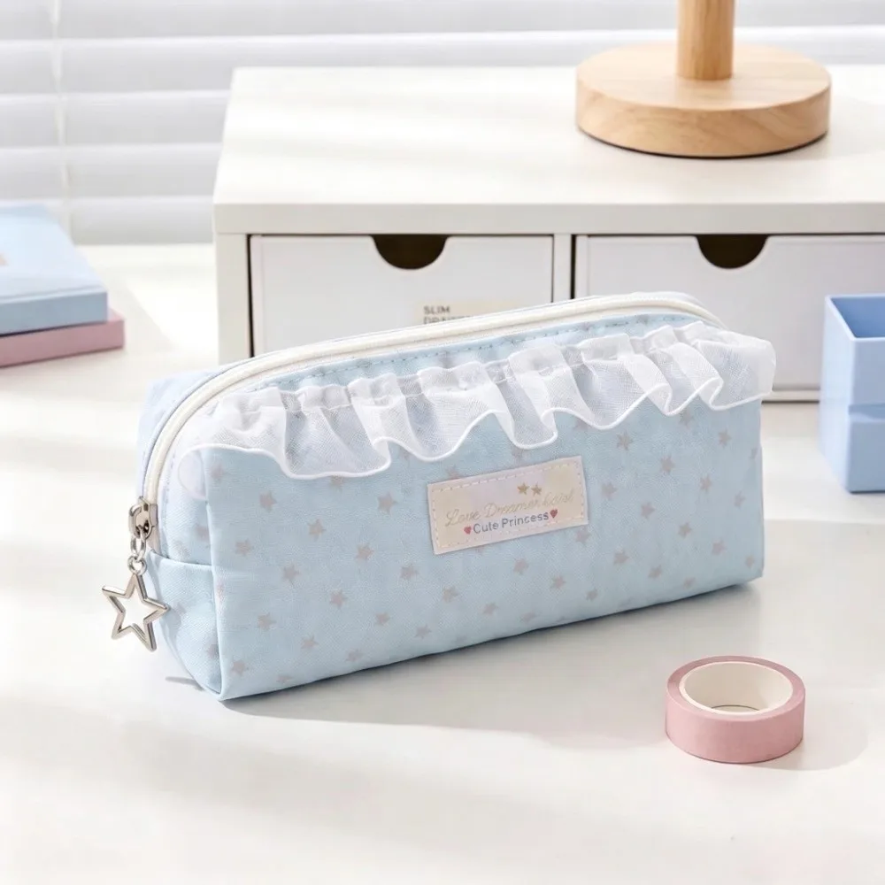 Large Capacity Pencil Case Ruffle Lace Design Multifunctional Pen Bag Star Pattern Portable Size Stationery Organizer For Girls