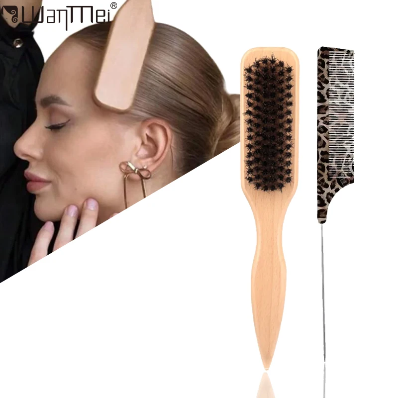 1/2 Peças Escova de Cabelo de Cerdas de Javali com Estampa de Leopardo e Conjunto de Pentes de Cabo Fino, Escova de Cabelo de Madeira para Alisar, Desembaraçar e Modelar Cabelos, Uso Profissional em Salão