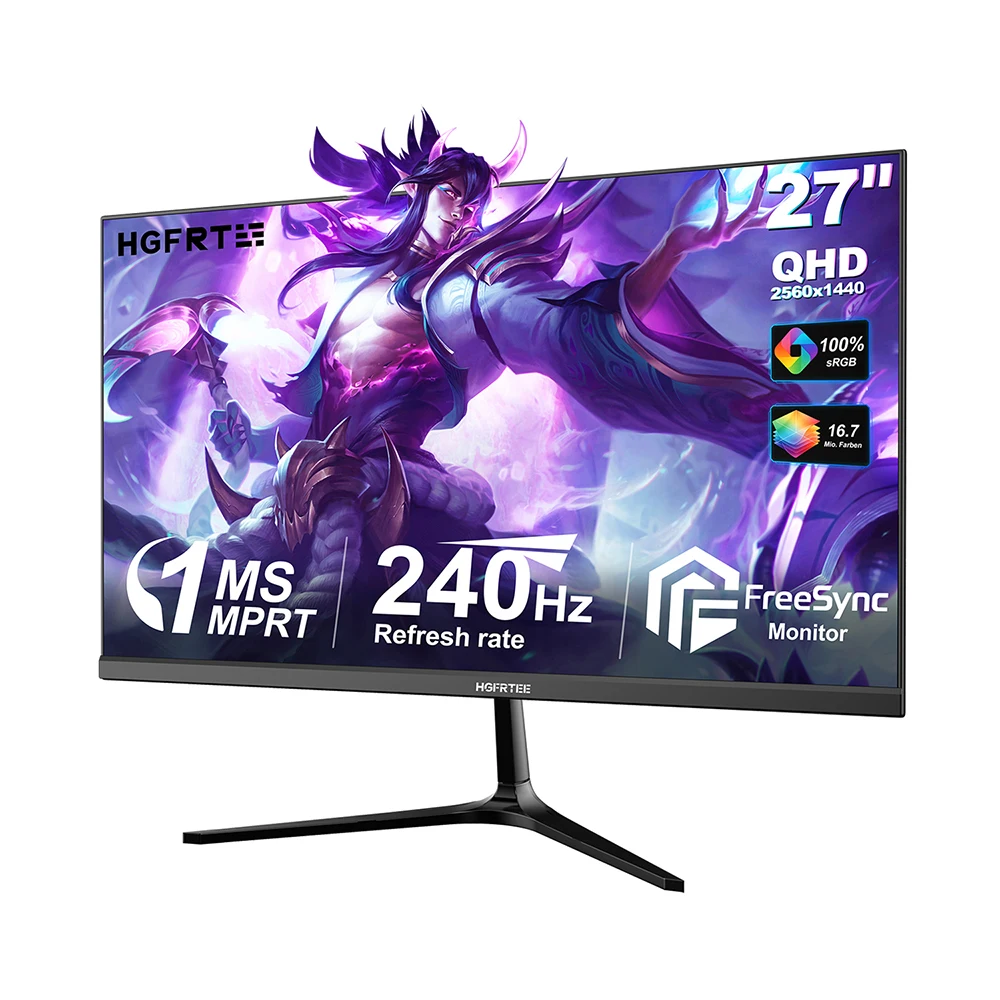 HGFRTEE Monitor para juegos QHD de 27 pulgadas, 240 Hz (DP), pantalla IPS de 2560×1440, 1 ms MPRT, FreeSync, HDMI y DisplayPort, 100% sRGB