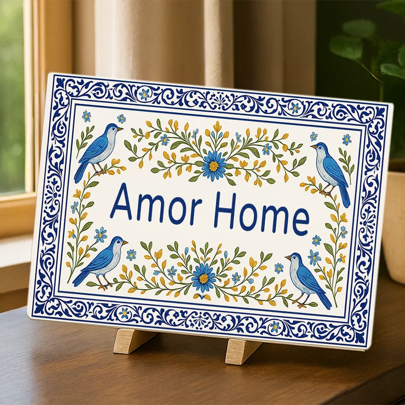 علامة رقم المنزل من الأكريليك مع تصميم الأزهار والطيور، مطبوعة بالأشعة فوق البنفسجية، لوحة عنوان اسم العائلة المخصصة، ديكور المدخل الخارجي