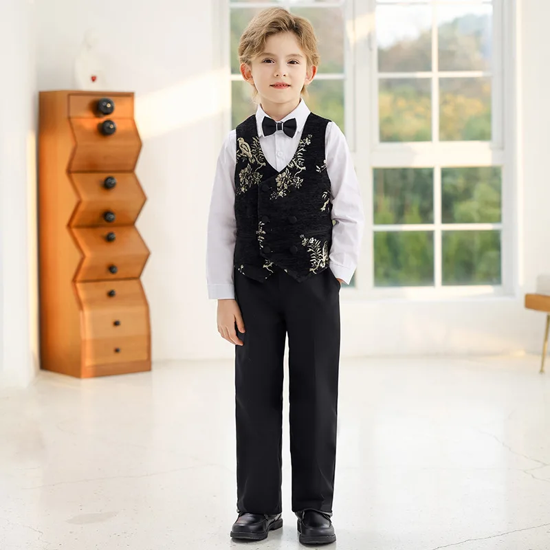 

Комплект из 4 предметов, элегантный стильный костюм с вышивкой для мальчиков, свадебный смокинг для выступлений на фортепиано, детская официальная одежда